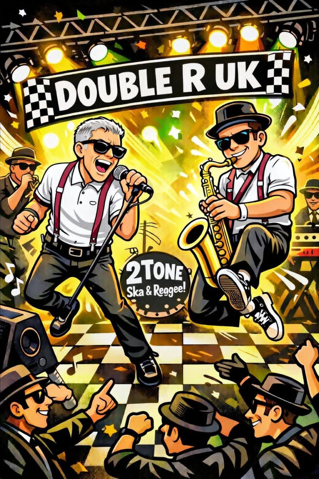 A vibrant illustration depicting the band Double R UK performing on stage.