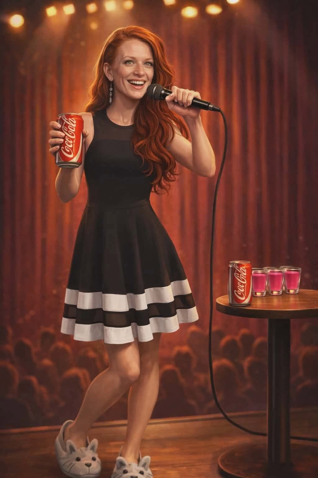 A woman with long red hair standing on a performance stage with a microphone.