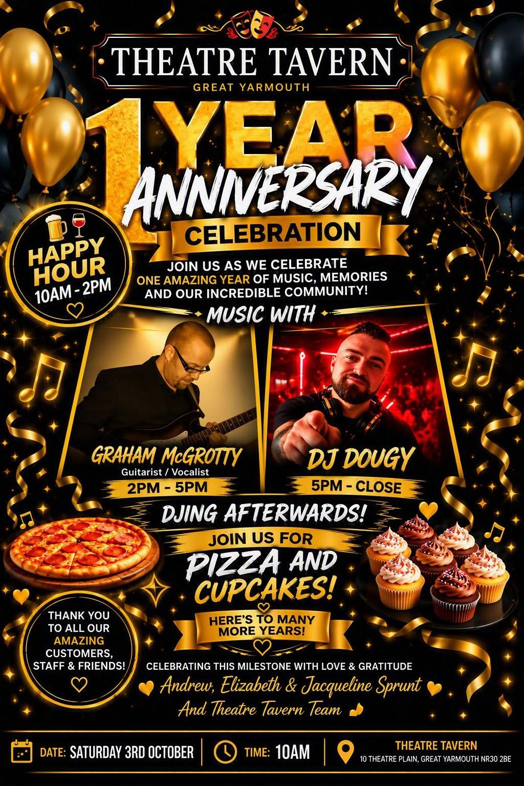 The Theatre Tavern Great Yarmouth 1 Year Anniversary Celebration flyer.