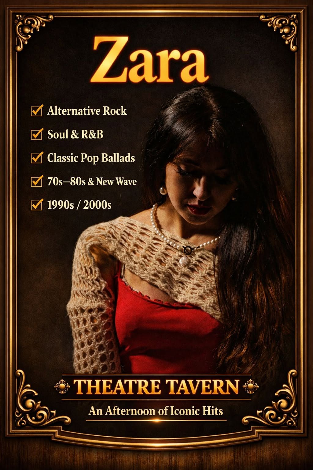 A promotional graphic featuring a portrait of a female singer named Zara.